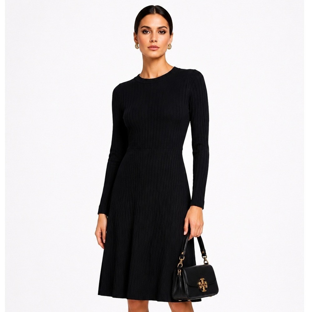 Market & Spruce Black Ribbed Long Sleeve Fit & Flare Knit Dress Size M
